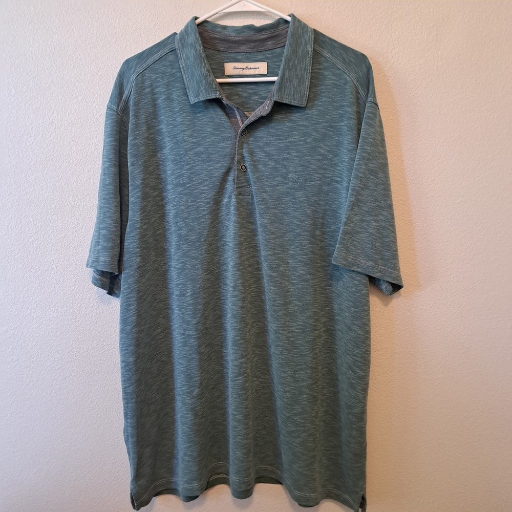 Tommy Bahama Mens XXL Tencel Modal Slub Knit Polo Shirt Teal Blue Space Dye